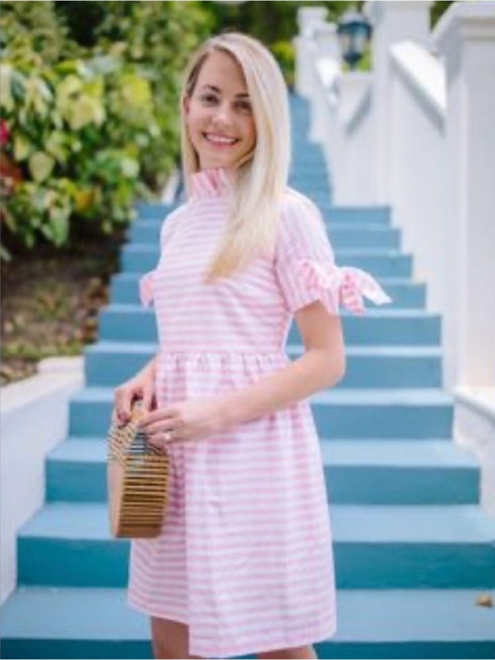 Elizabeth Wilson 100% Cotton Pink Striped Bow-Sleeve Dress - Picture 4 of 9
